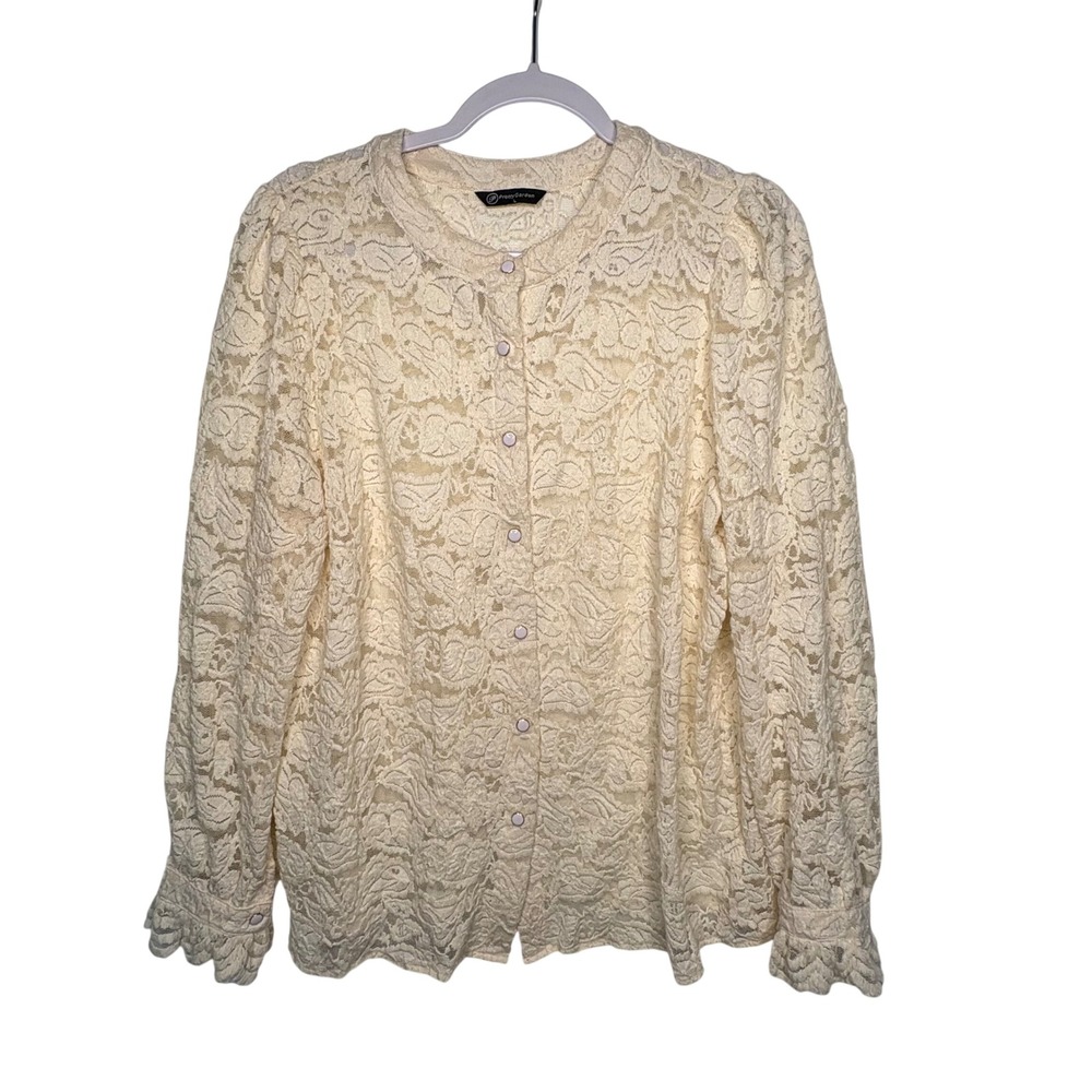 PrettyGarden Cream Floral Lace Blouse L LS Ruffle Cuff Victorian Coquette Boho